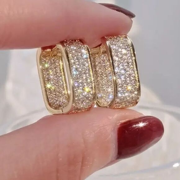 New Gold Cluster Pave Simulated Diamond Oblong Mod Huggie Hoop Earrings - Picture 2 of 3